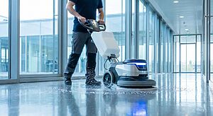 Agent nettoyant un sol PVC à la monobrosse pour une métallisation